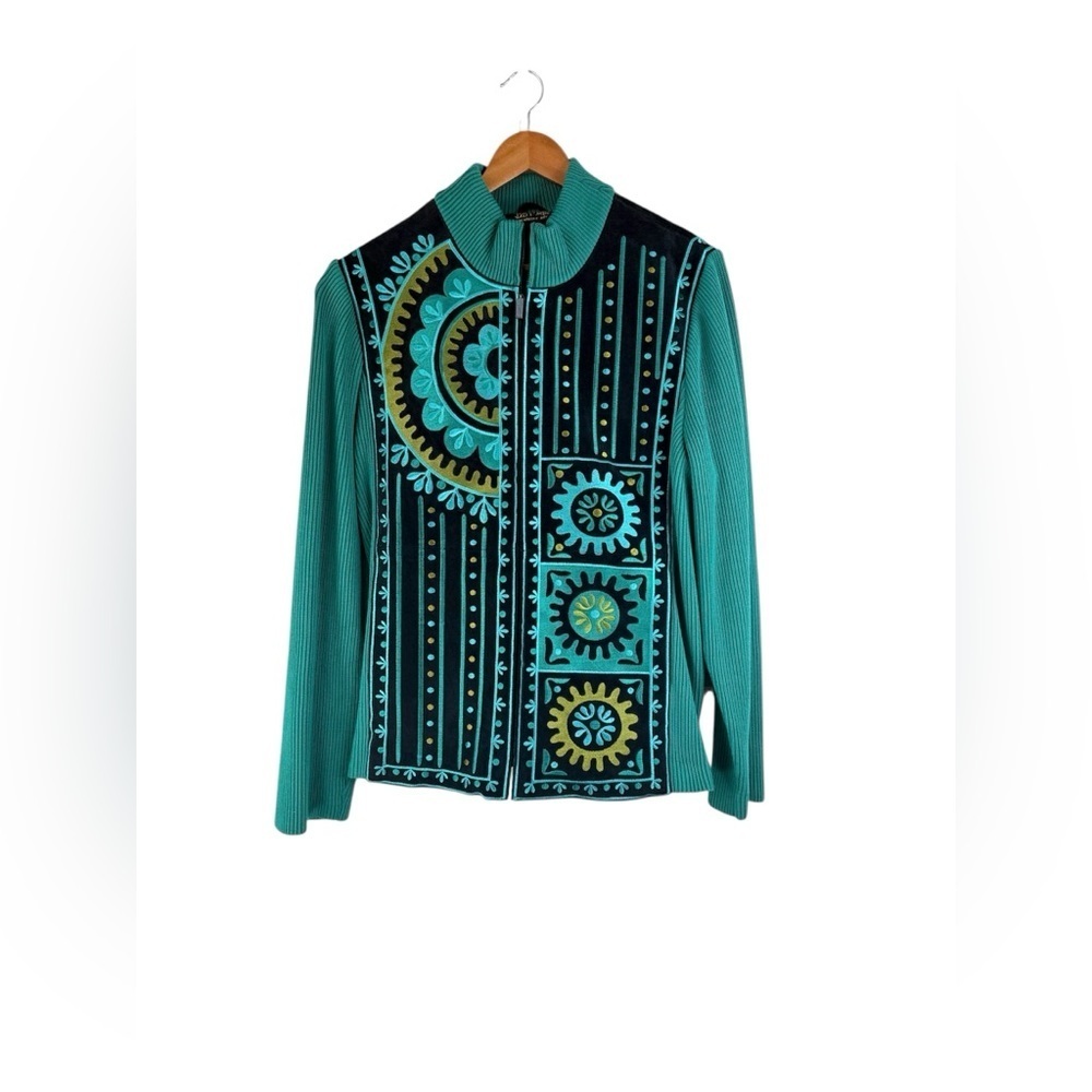 Bob Mackie Wearable Art teal and black embroidered suede leather knit jacket XL